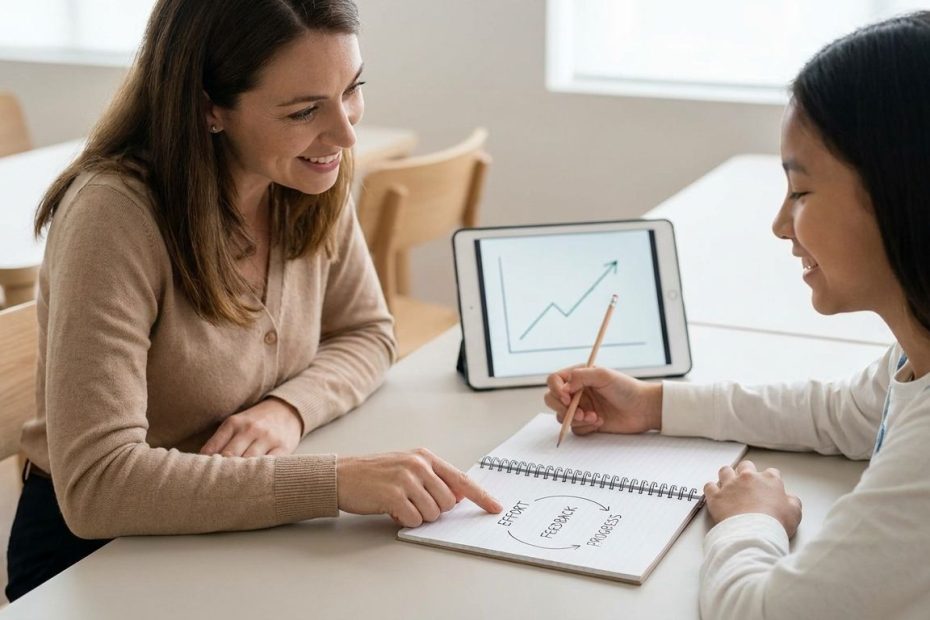 Teacher giving feedback to a student during a classroom revision activity