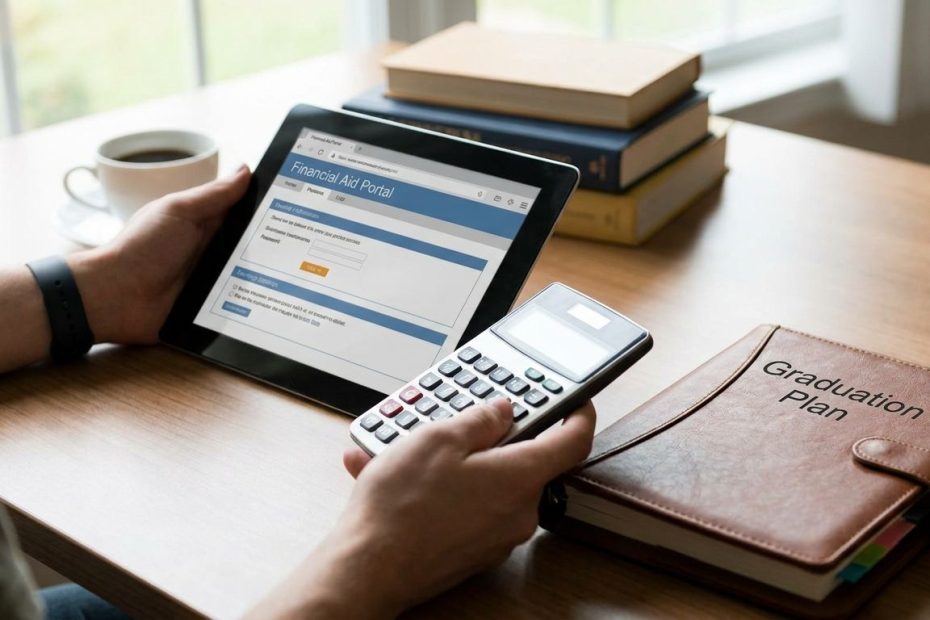 Student reviewing college financial aid documents with a laptop and notebook