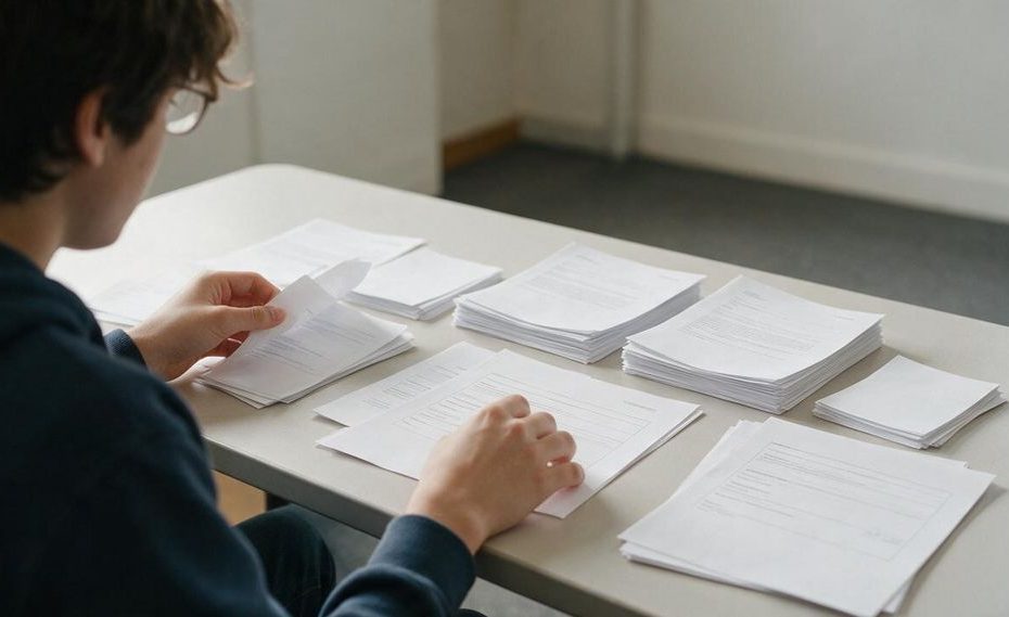Student reviewing a financial aid appeal letter and supporting documents at a desk